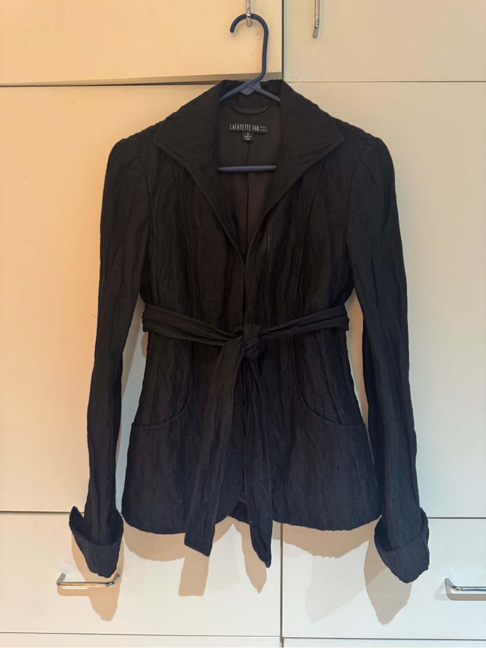 Lafayette 148 New York Black Crinkled Tie-Waist Blazer